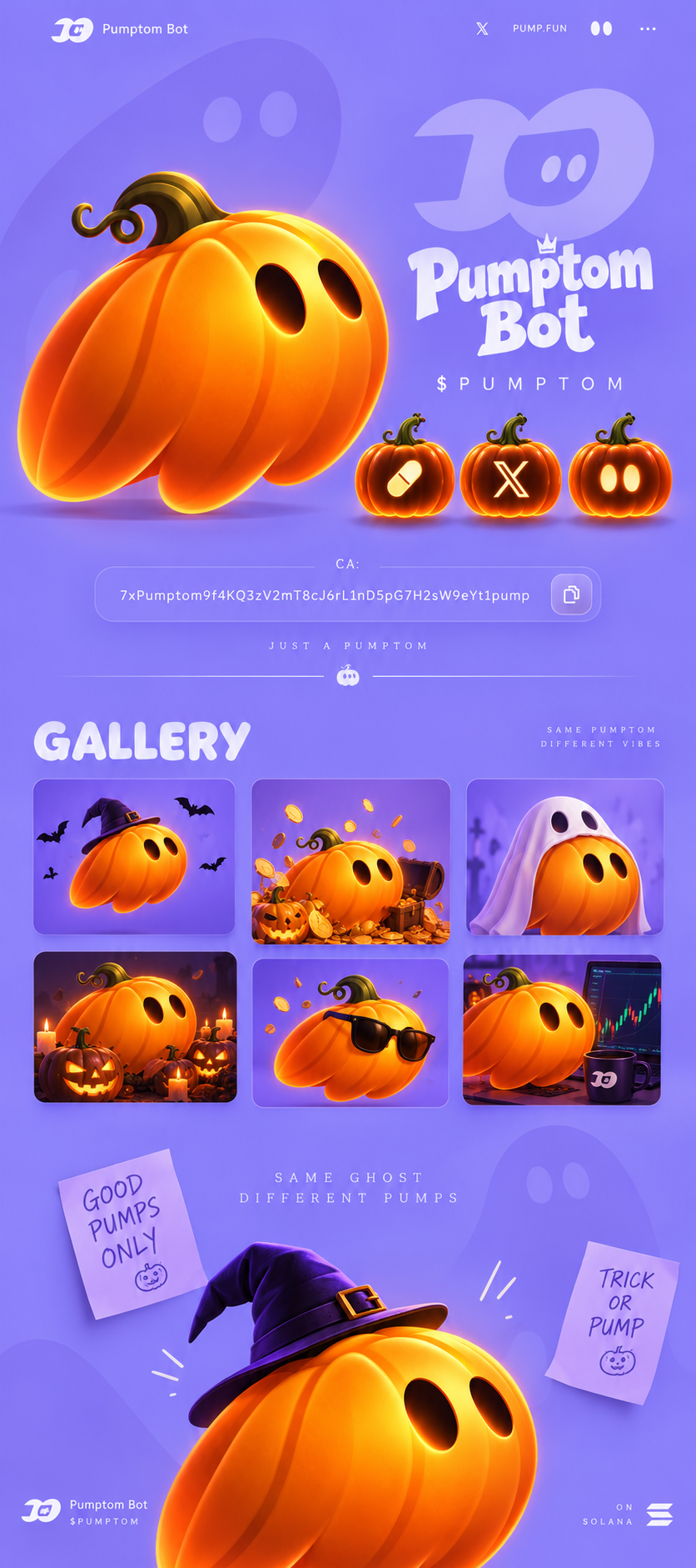Pumptom Bot: оранжевый тыквенный призрак на сиреневом фоне. Галерея шести настроений и большой Pumptom в шляпе волшебника.